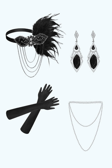 Negro 1920s Party Cuatro Piezas Accesorios Conjuntos